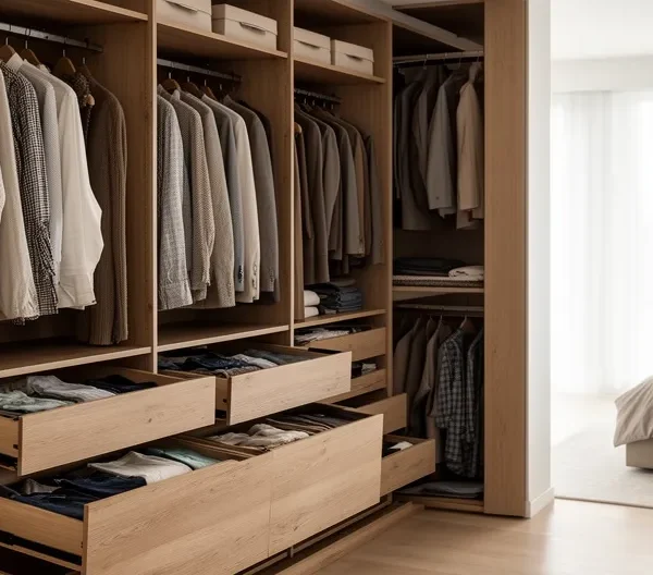 Dressing contemporain avec penderies organisées et tiroirs ouverts dans une chambre parentale