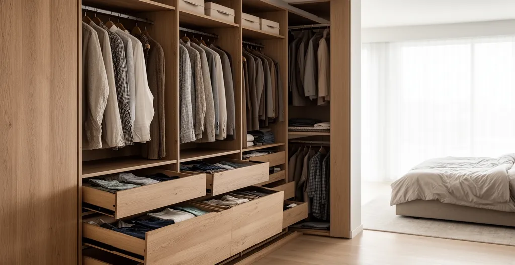 Dressing contemporain avec penderies organisées et tiroirs ouverts dans une chambre parentale