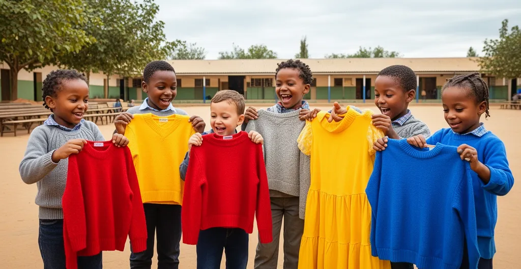 Enfants joyeux découvrant des vêtements neufs colorés dans un espace communautaire