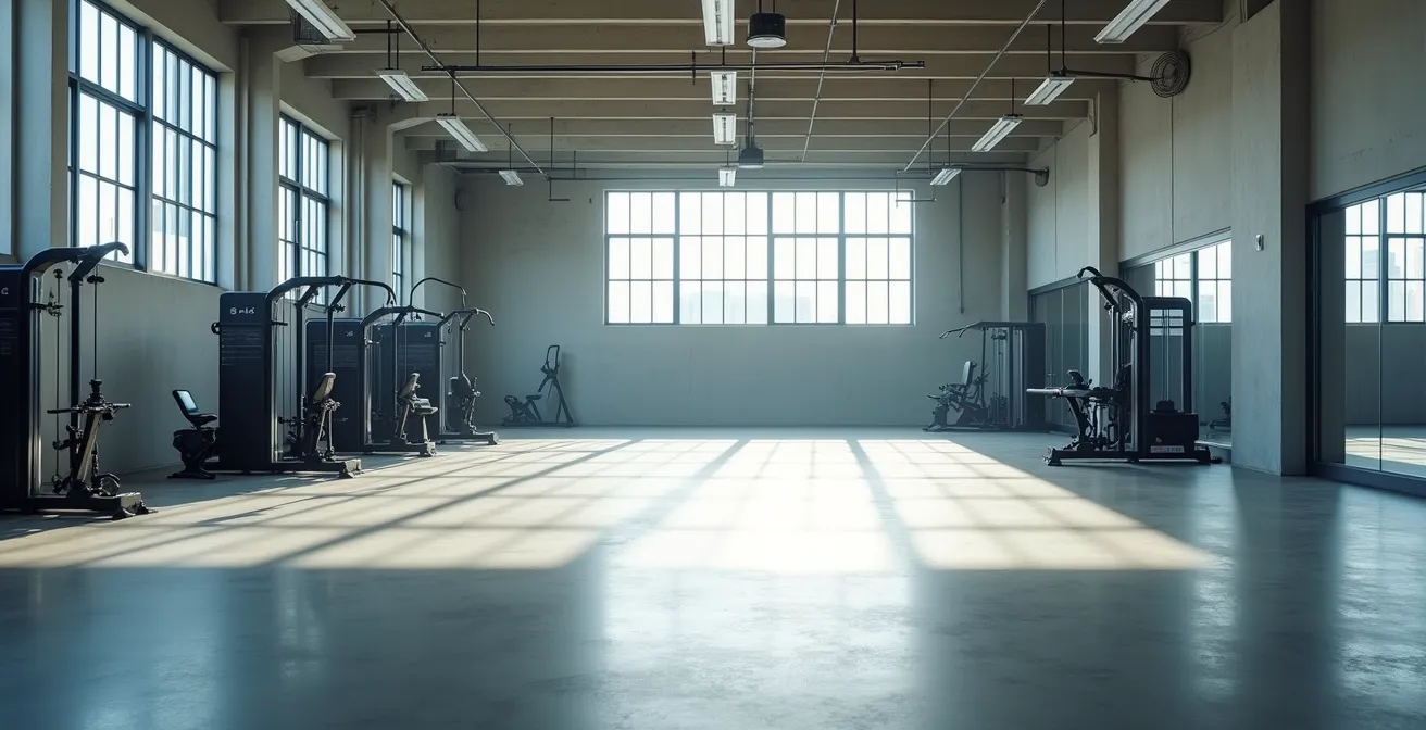 Vue large d'une salle d'entraînement professionnelle épurée