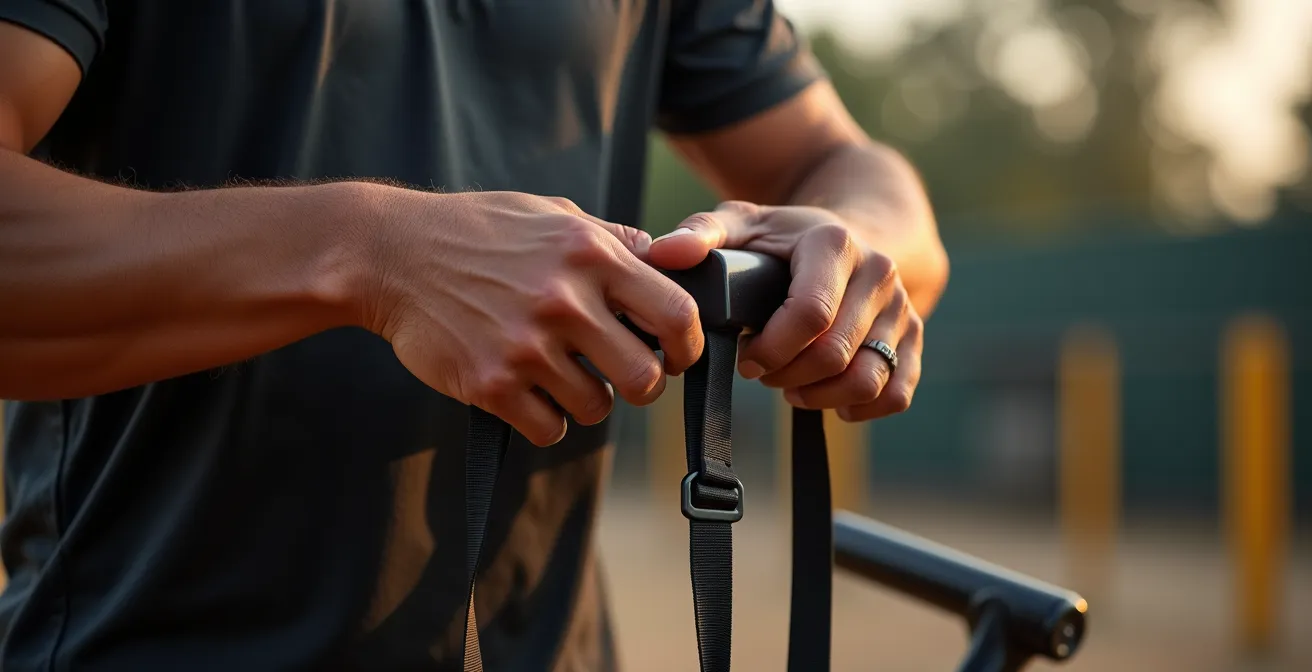 Mains d'un athlète préparant son matériel spécialisé