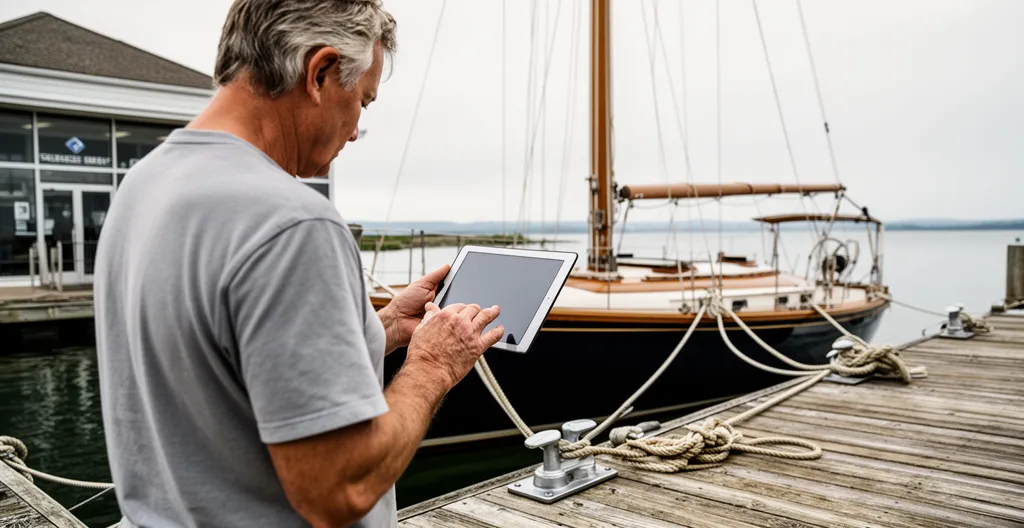 Propriétaire consultant une tablette sur un ponton avec bateau amarré en arrière-plan