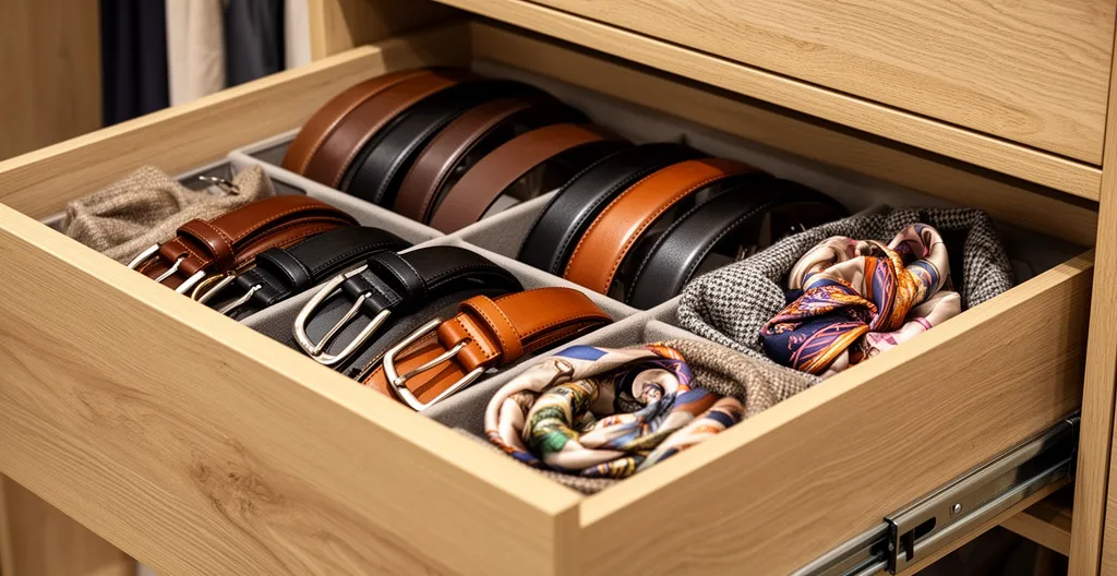 Tiroirs coulissants ouverts montrant l'organisation des accessoires dans un dressing