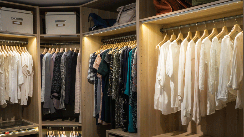 Solution de rangement d'angle dans un dressing sur mesure avec étagères pivotantes