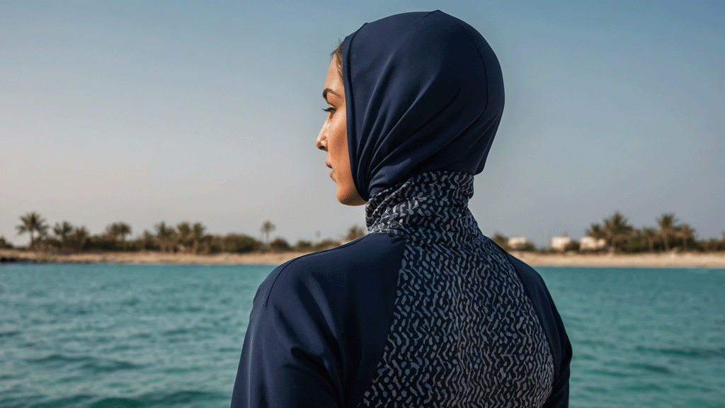 Palette de couleurs burkini avec échantillons tissus noir bleu marine bordeaux sur fond neutre