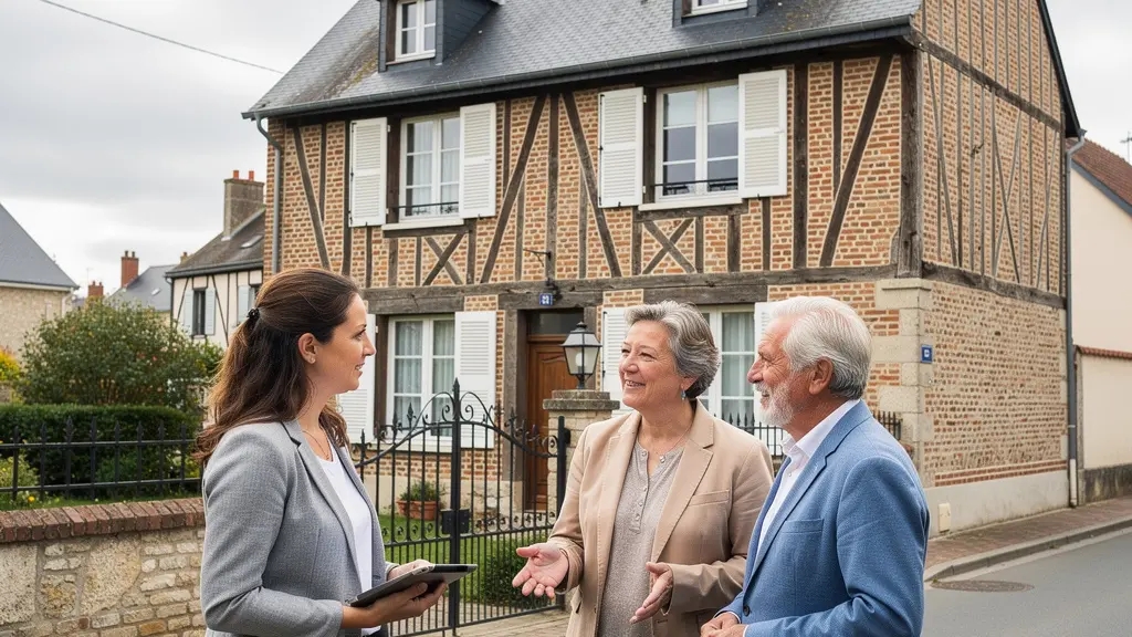 Conseillère immobilière échangeant avec des clients devant une maison normande à Barentin