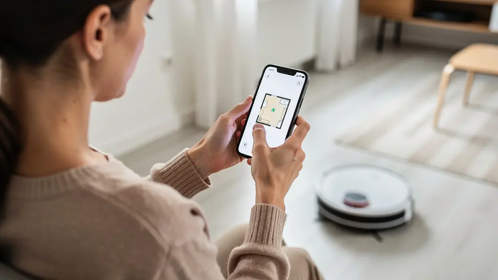 Utilisatrice consultant l'application de cartographie de son aspirateur robot