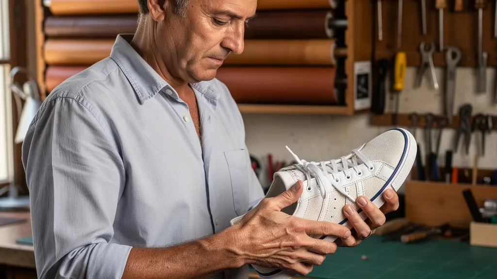 Artisan français inspectant une basket éco-responsable dans son atelier de fabrication