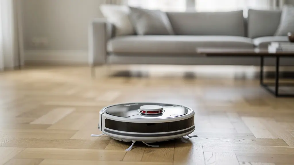 Aspirateur robot nettoyant un parquet clair dans un salon lumineux