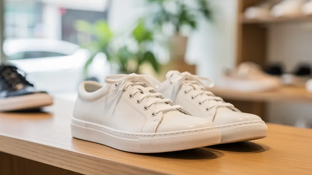 Paire de baskets éco-responsables exposée dans une boutique moderne