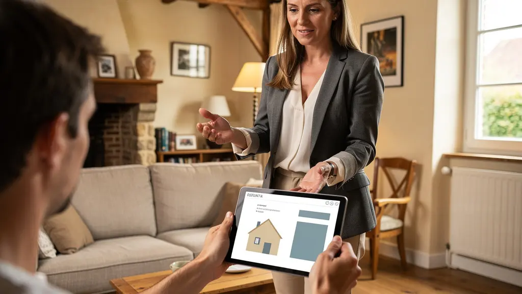 Conseillère immobilière présentant une estimation de bien sur tablette à Barentin