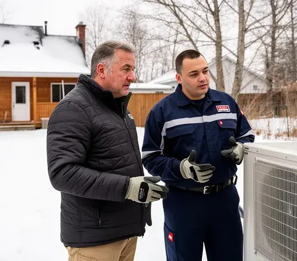 Technicien CVAC expliquant fonctionnement thermopompe à propriétaire québécois
