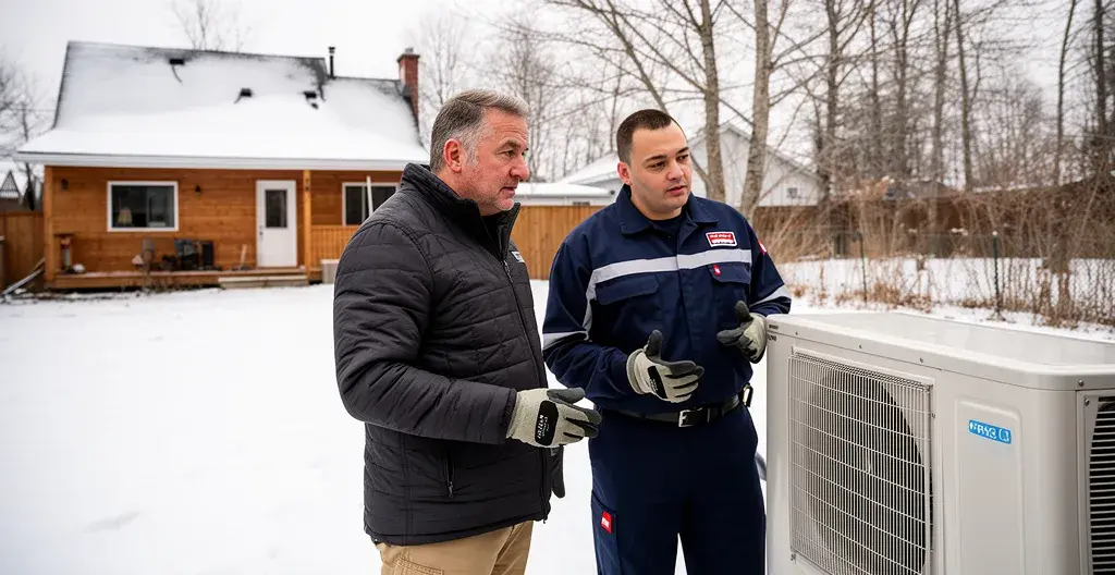 Technicien CVAC expliquant fonctionnement thermopompe à propriétaire québécois