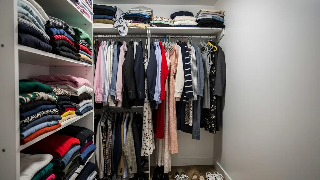 Penderie surchargée avec vêtements empilés illustrant un dressing mal optimisé