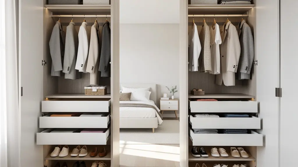 Dressing sur mesure avec penderies double niveau et tiroirs organisés dans une chambre lumineuse