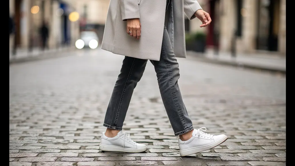 Femme portant des baskets éco-responsables en contexte urbain français