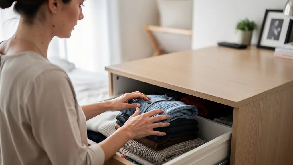 Femme rangeant des vêtements pliés dans un tiroir de dressing optimisé