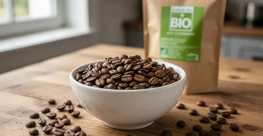 Grains de café bio fraîchement torréfiés dans un bol en céramique