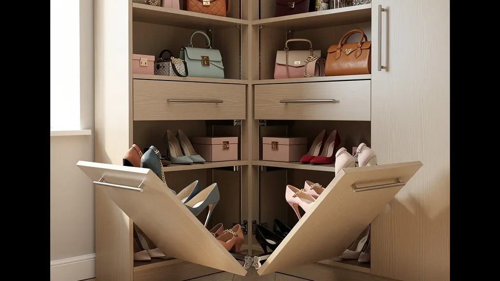 Solution de rangement d'angle dans un dressing sur mesure avec étagères pivotantes