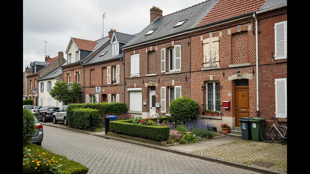 Rue résidentielle typique de Barentin avec maisons en brique et jardins