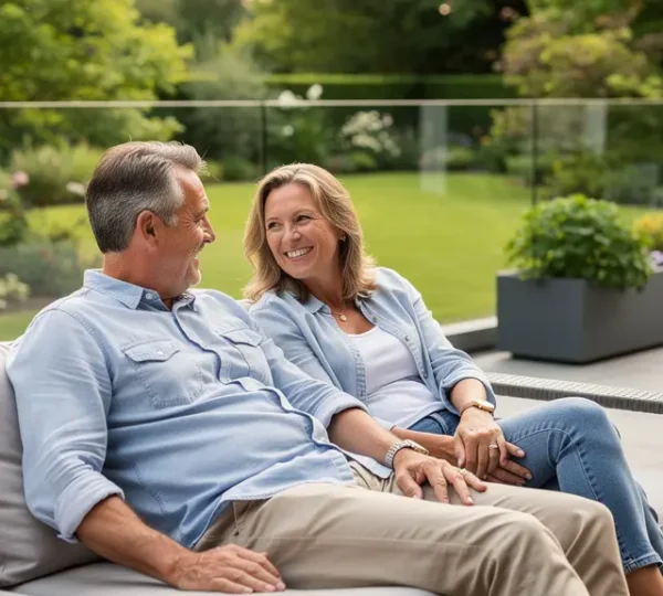 Couple profitant d'un salon de jardin haut de gamme sur terrasse contemporaine