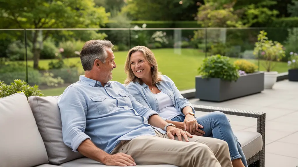 Couple profitant d'un salon de jardin haut de gamme sur terrasse contemporaine