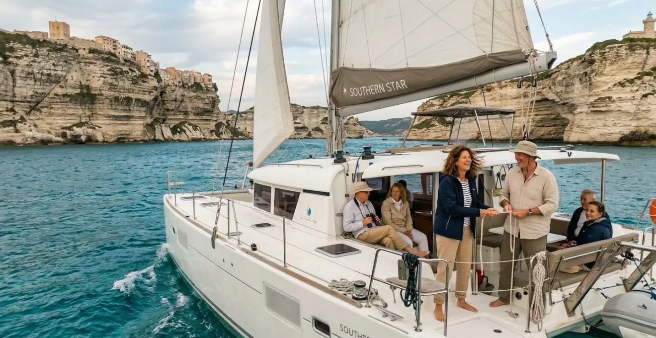 Catamaran naviguant près des falaises de Bonifacio en Corse