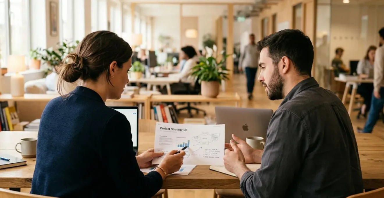 Deux collègues discutent autour d'un document dans un bureau moderne, cadrage par-dessus l'épaule avec visages de profil