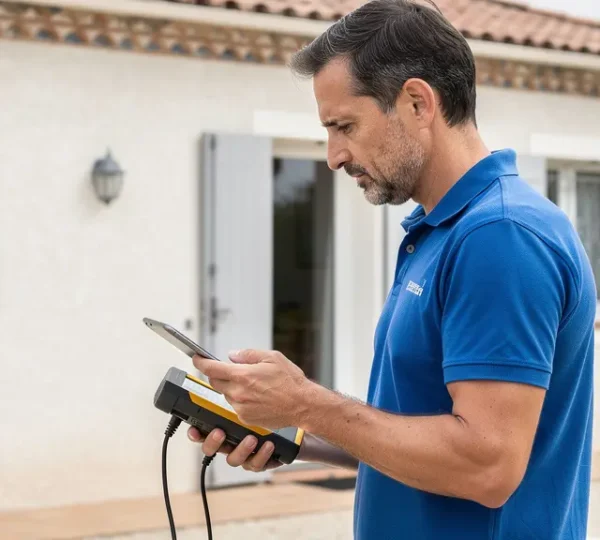 Technicien diagnostiqueur inspectant façade maison méditerranéenne diagnostic immobilier Perpignan