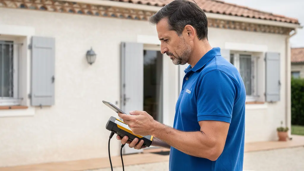 Technicien diagnostiqueur inspectant façade maison méditerranéenne diagnostic immobilier Perpignan
