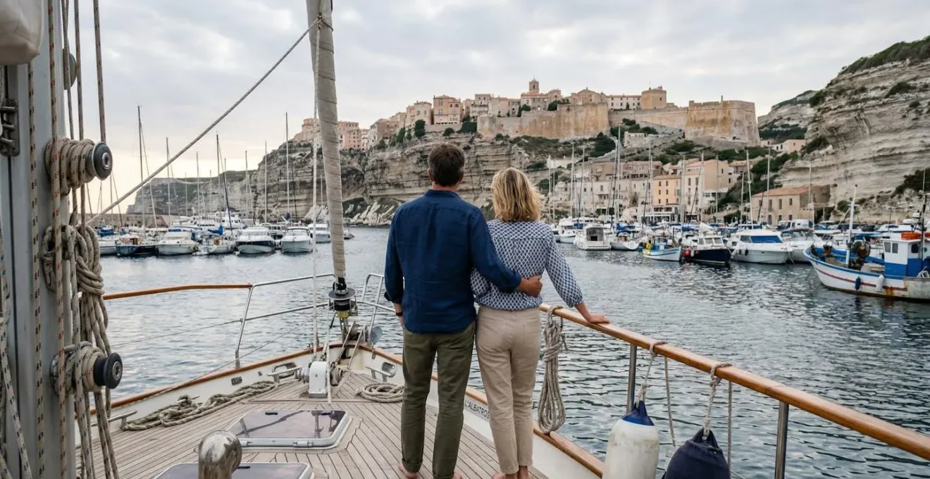 Vue de la citadelle de Bonifacio depuis la mer lors d'une escale en catamaran