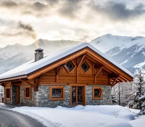 Façade extérieure chalet prestige Courchevel avec neige fraîche et montagnes