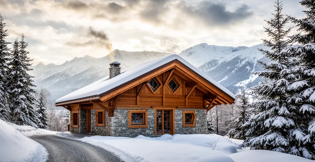 Façade extérieure chalet prestige Courchevel avec neige fraîche et montagnes