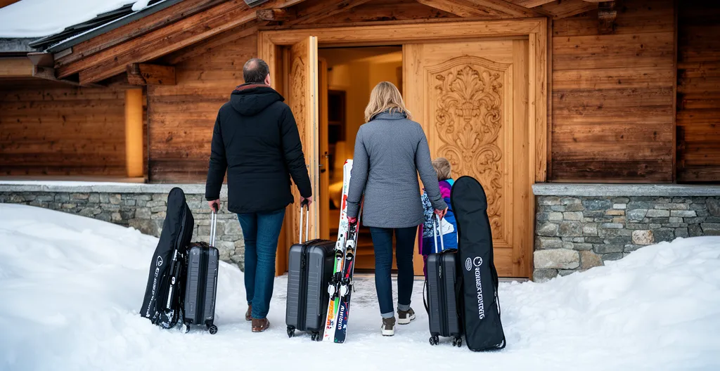Famille arrivant devant entrée chalet prestige Courchevel avec bagages ski