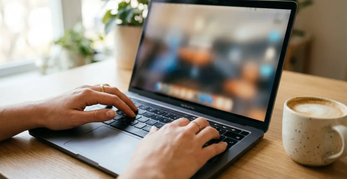 Des mains tapent sur un clavier d'ordinateur portable posé sur un bureau épuré avec une tasse de café à côté