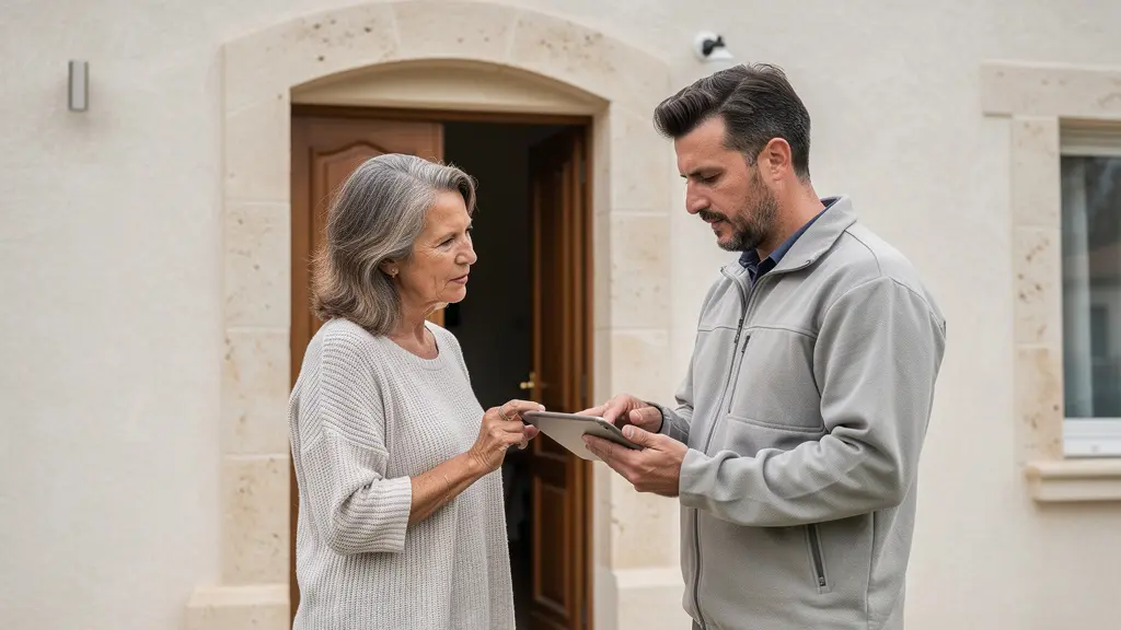 Propriétaire et diagnostiqueur consultant rapport diagnostic immobilier devant maison