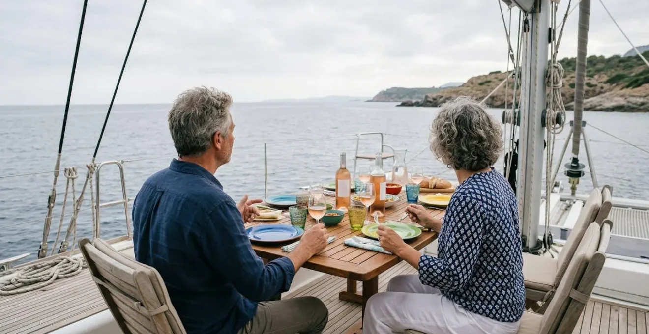 Couple déjeunant sur le pont d'un catamaran avec vue sur la mer en Corse