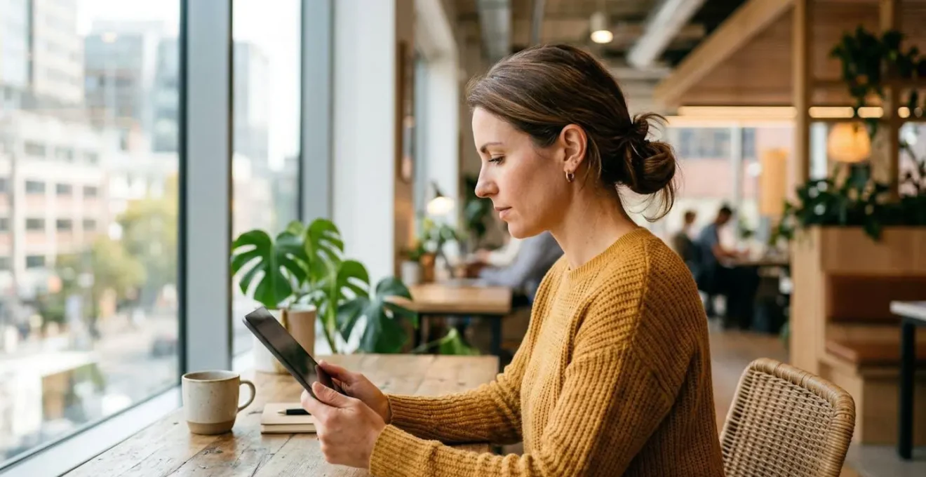 Une professionnelle de profil consulte des données sur sa tablette dans un bureau lumineux aux tons épurés