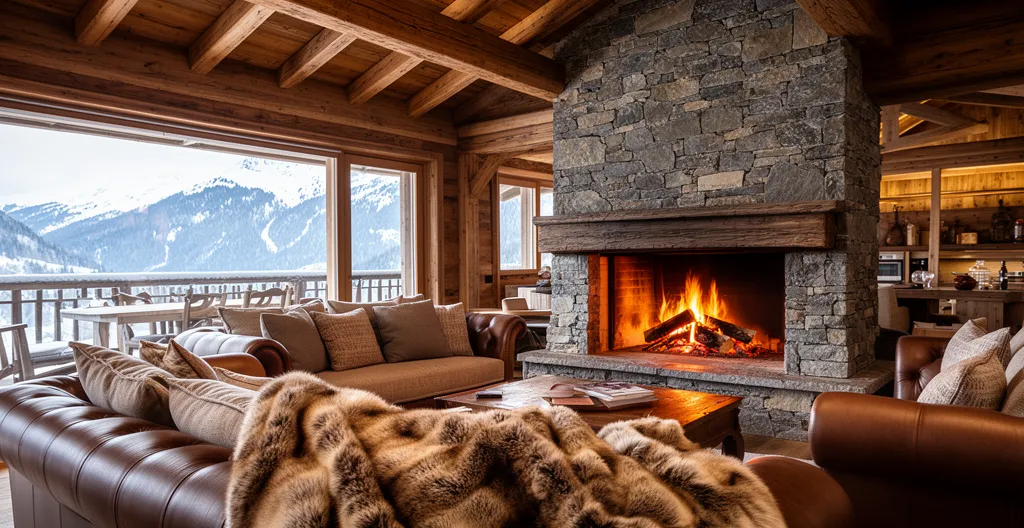 Intérieur salon spacieux chalet prestige Courchevel avec cheminée en pierre