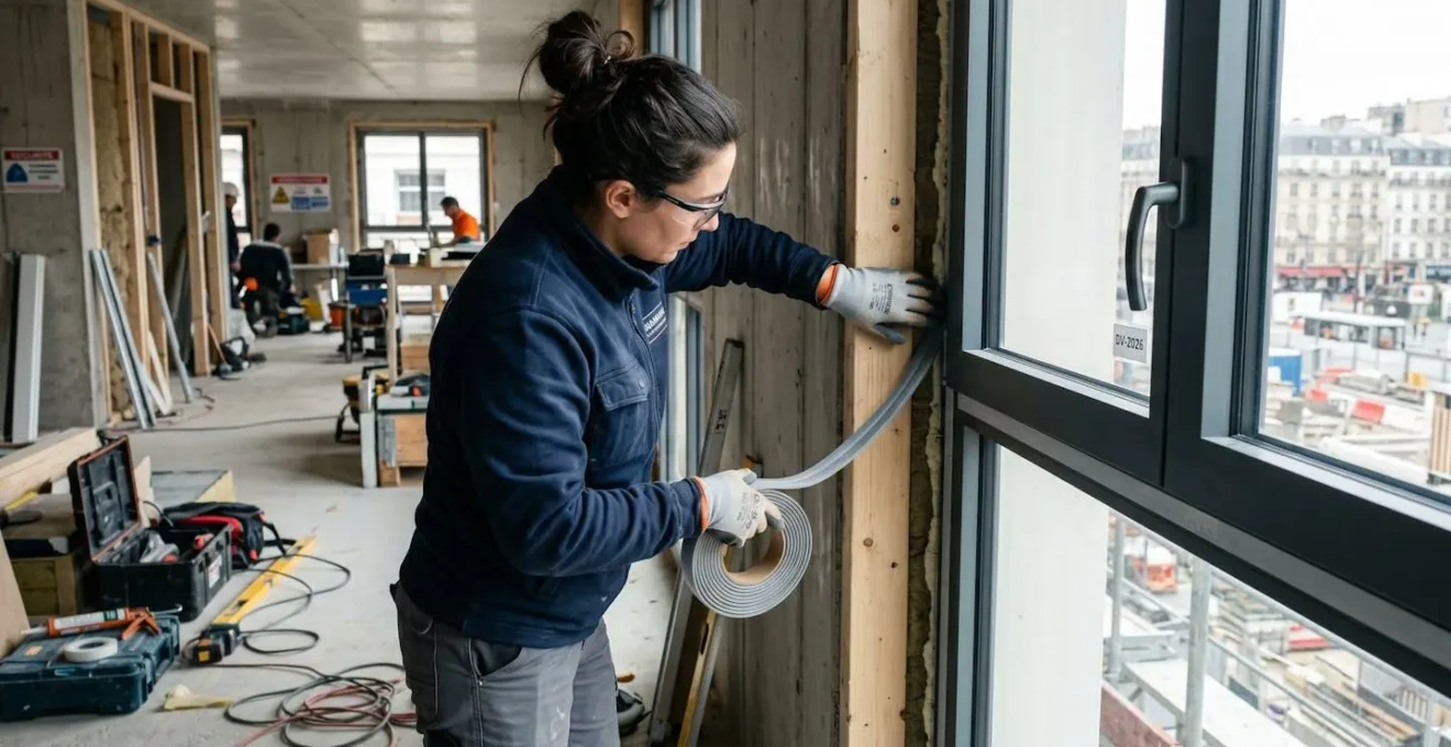 Artisan menuisier en tenue de travail contemporaine appliquant une bande d'étanchéité précomprimée le long du dormant d'une fenêtre, vu de profil dans un chantier lumineux