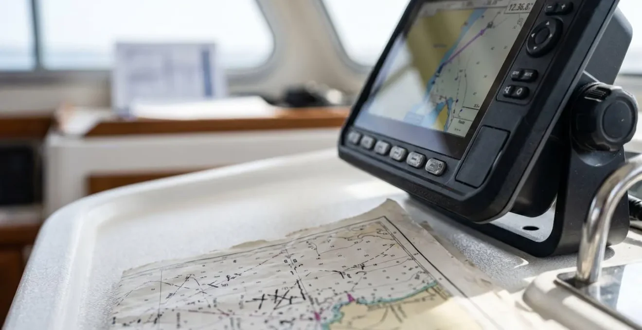 Gros plan sur une carte marine posée à côté d'un appareil GPS de navigation sur une surface de bateau moderne