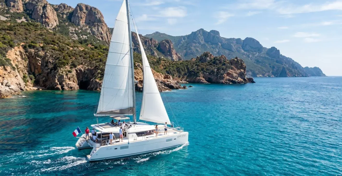 Catamaran moderne naviguant dans les eaux cristallines de Corse avec la côte rocheuse en arrière-plan