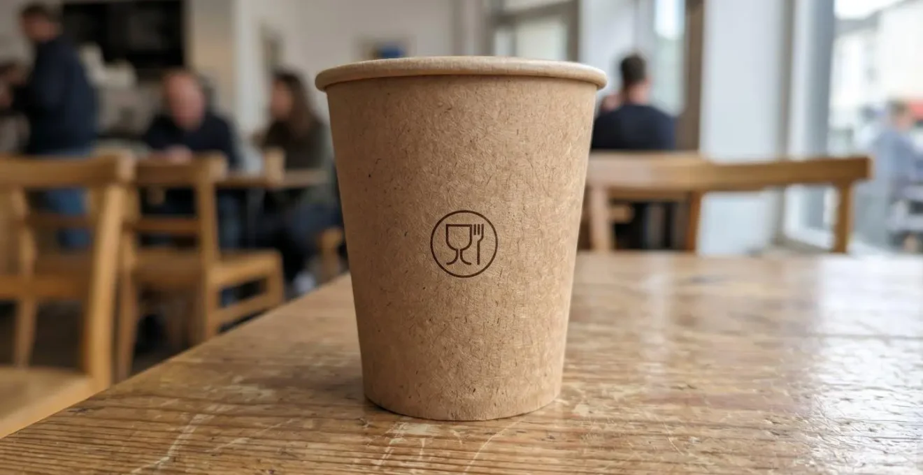 Gros plan d'un gobelet en carton kraft avec texture visible du matériau posé sur une surface en bois moderne claire