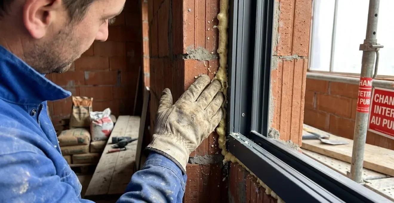 Personne inspectant à la main la jonction continue du joint périphérique entre le dormant d'une fenêtre et la maçonnerie pour détecter les zones interrompues