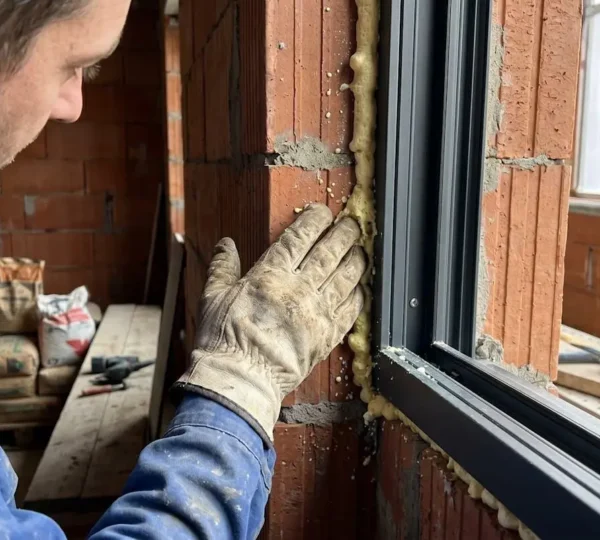 Personne inspectant à la main la jonction continue du joint périphérique entre le dormant d'une fenêtre et la maçonnerie pour détecter les zones interrompues
