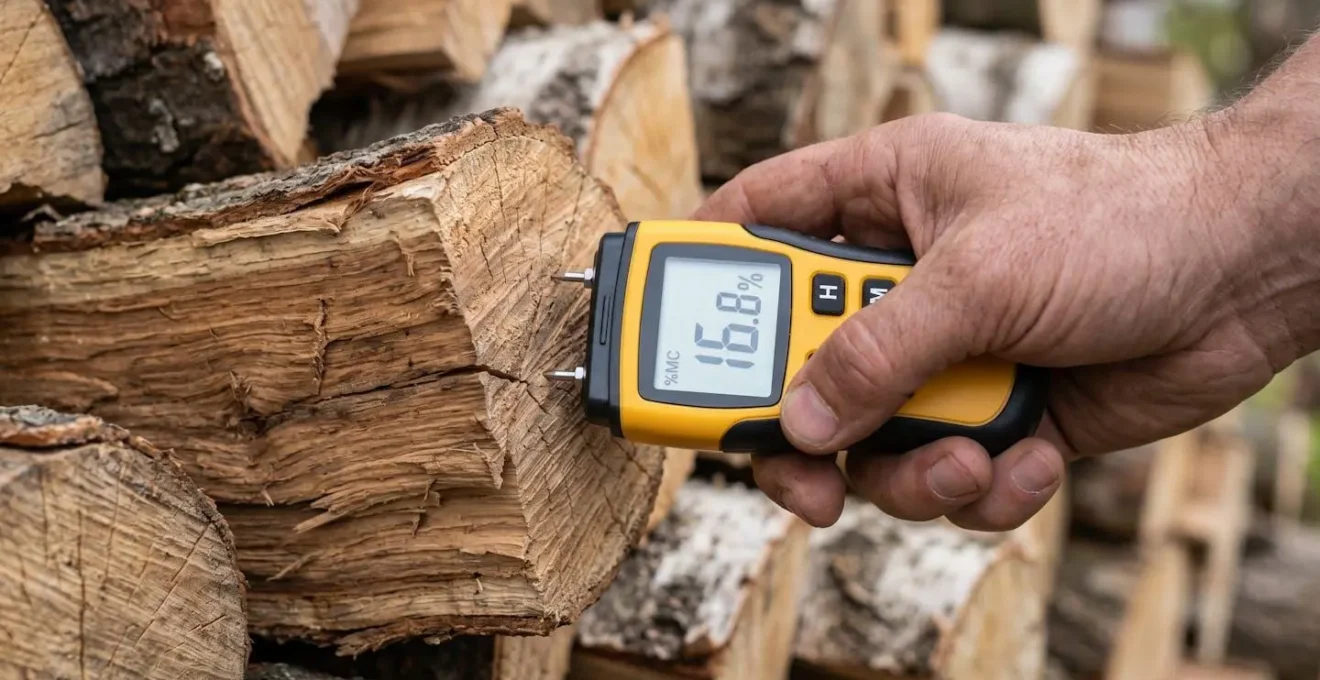 Gros plan sur une main tenant un humidimètre numérique mesurant le taux d'humidité à cœur d'une bûche de bois de chauffage