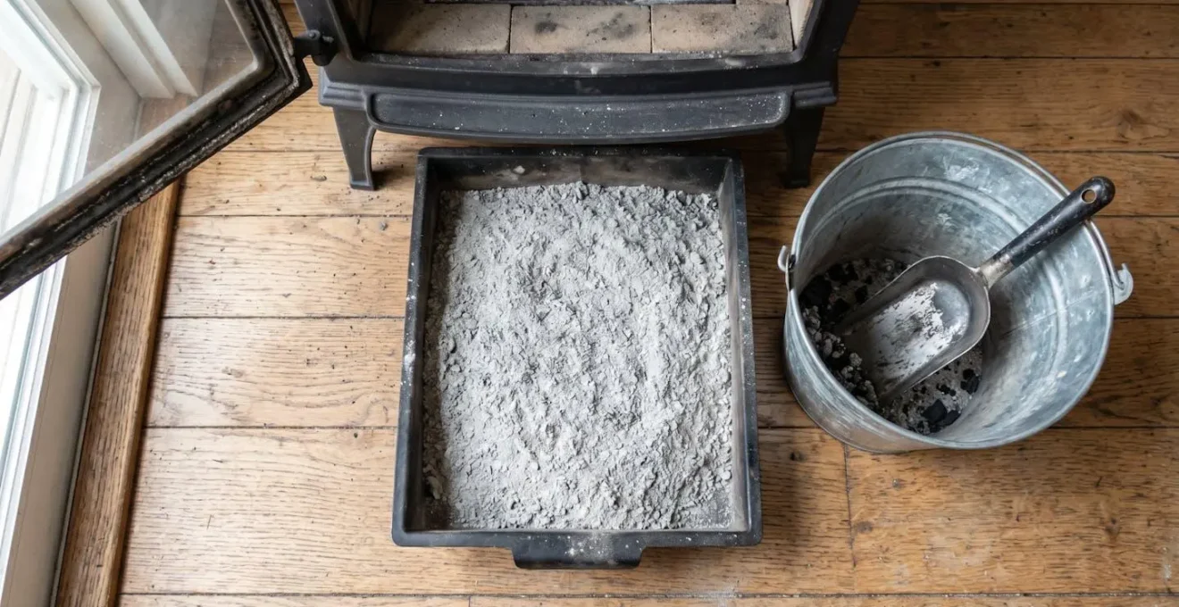 Vue en plongée sur un cendrier de poêle à bois rempli de cendres grises claires, avec une pelle et un seau métallique à proximité