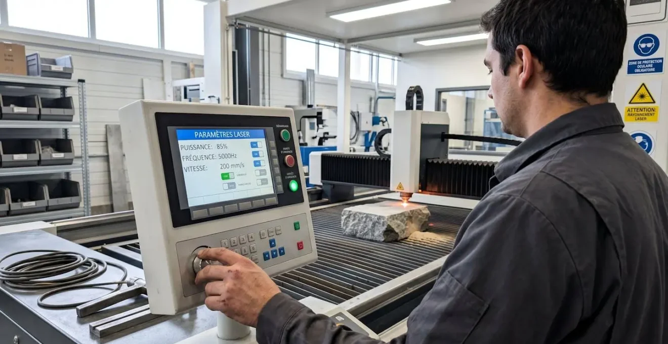 Vue de profil d'un technicien ajustant les paramètres d'un laser à fibre sur un panneau de contrôle, avec une pierre sous le faisceau visible en arrière-plan dans un atelier contemporain