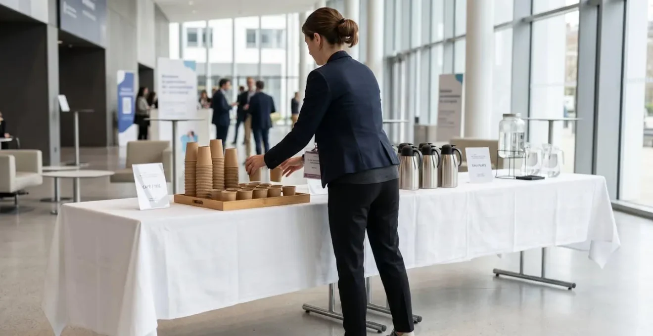 Vue de dos d'une personne arrangeant des gobelets en carton sur une table de buffet lors de la préparation d'un événement professionnel