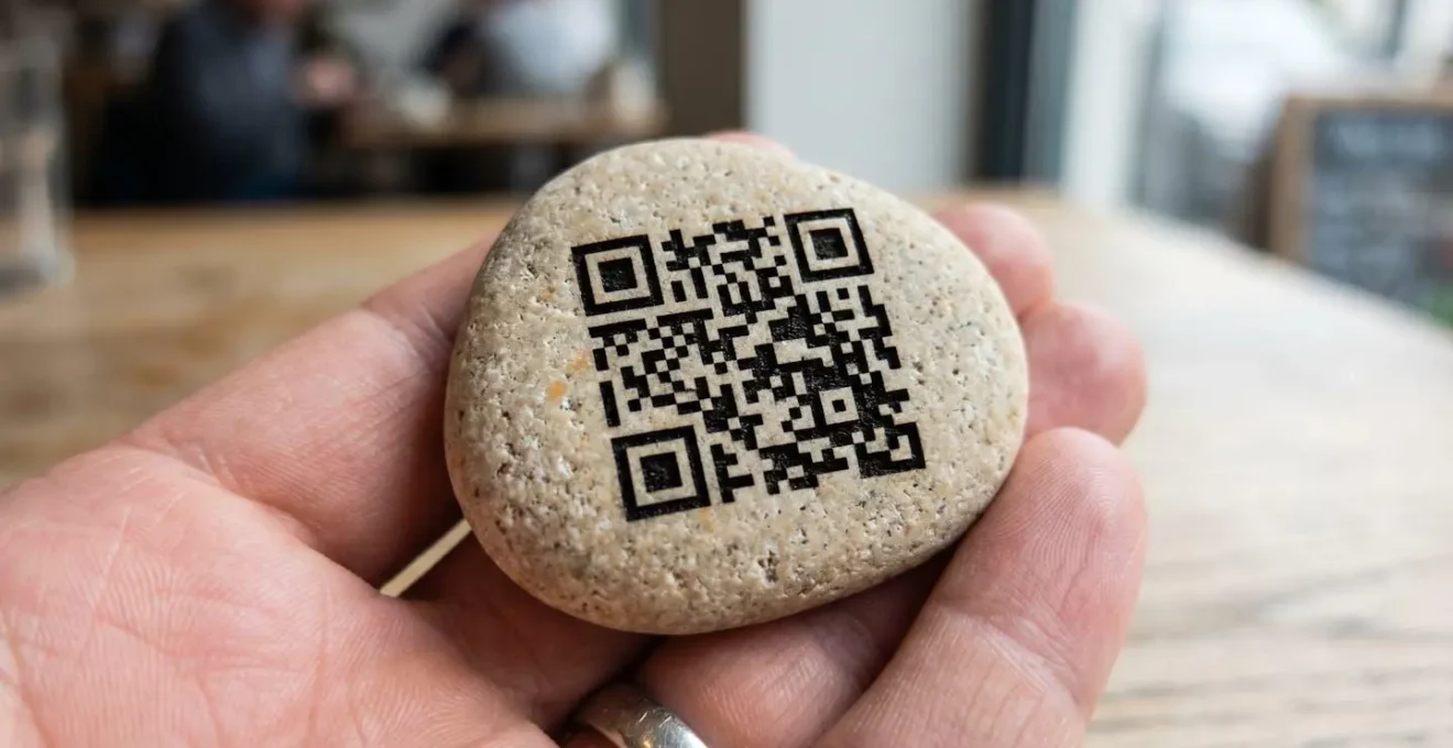 Gros plan extrême sur un QR code gravé au laser sur un galet de pierre polie, montrant les modules géométriques noirs contrastant avec la texture beige du minéral